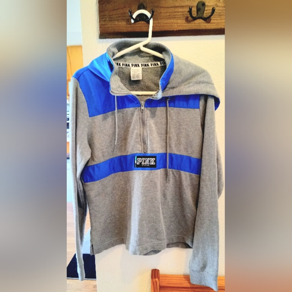 PINK Victoria Secret blue & gray hoodie/windbreaker jacket.Size Medium
